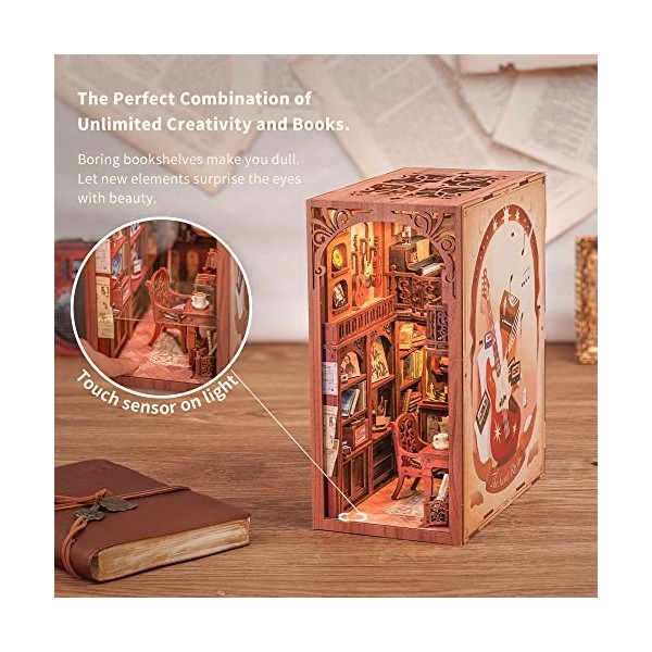 Fsolis DIY Book Nook Kit-Maison de Poupées Miniatures Puzzle 3D Livre Bois Serre-Livres dart avec Lumière LED et Feuille de 