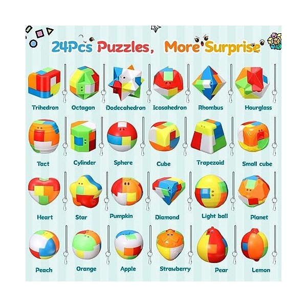 Syhood Lot de 24 casse-tête pour enfants et adultes - Jeu de puzzle 3D en plastique à emboîter - Cube, balle, baril, jouets é