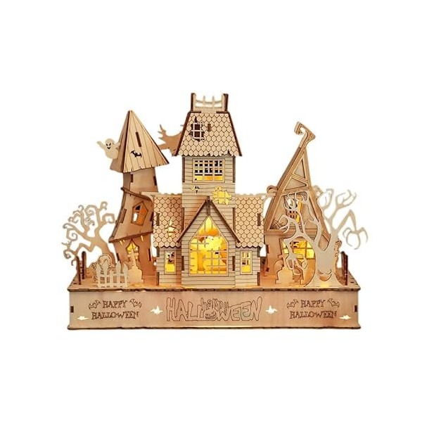 KaAfaL Puzzles 3D en Bois Halloween Maison Éclairage Atmosphère Décoration Casse-tête Jeu for Halloween DIY Artisanat Kits Ca