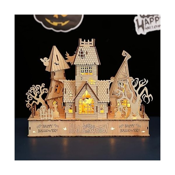 KaAfaL Puzzles 3D en Bois Halloween Maison Éclairage Atmosphère Décoration Casse-tête Jeu for Halloween DIY Artisanat Kits Ca