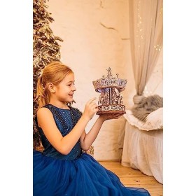 Wood Trick Parisian Carousel Boîte à Musique Carrousel Parisien Rotatif avec Rétroéclairage - Puzzles en Bois 3D à Construire