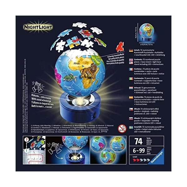 Ravensburger - Puzzle 3D Ball illuminé - Globe terrestre - A partir de 6 ans - 72 pièces numérotées à assembler sans colle - 