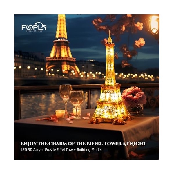 FUNPOLA Puzzle 3D LED Tour Eiffel - Modèle de Construction darchitecture 3D - Monument des Paires la Nuit - Puzzle 3D en Acr