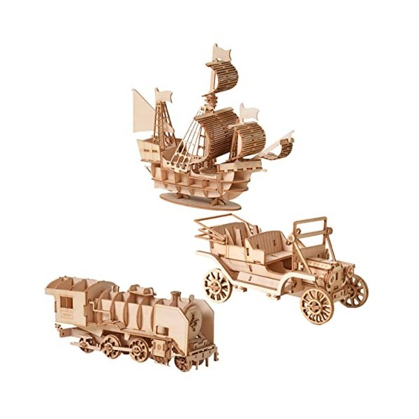 ifundom 9 Ensembles 3D Modèle De Bateau en Bois 3D Puzzle en Bois Jouet 3D Puzzle pour Les Adolescents Modèles De Voitures Pu