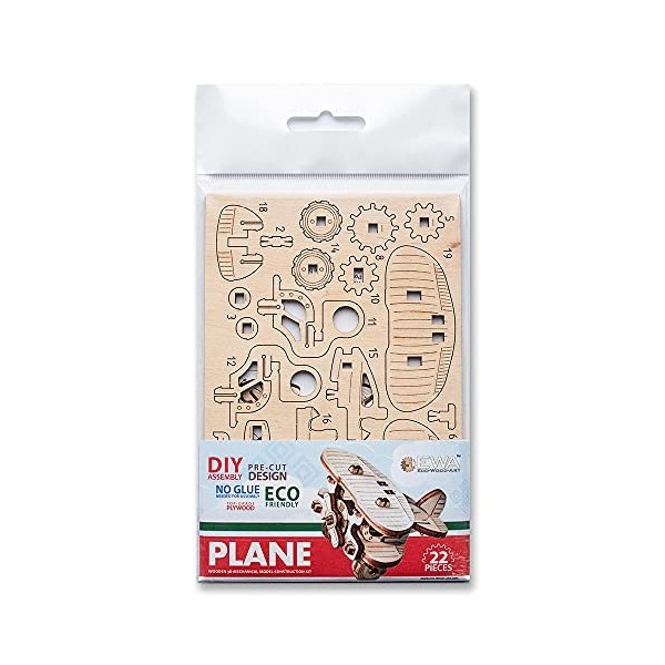 Eco Wood Art EWA Puzzles 3D en Bois pour Adolescents et Adultes – EWA: PLANE- Kit DIY, Sans Colle – 22 Pièces