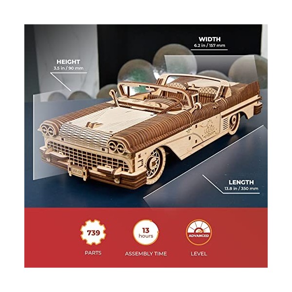 UGEARS Dream Cabriolet - Cadeau de fête des pères Puzzles 3D pour Adultes Modèles mécaniques Puzzle en Bois Casse-tête Constr