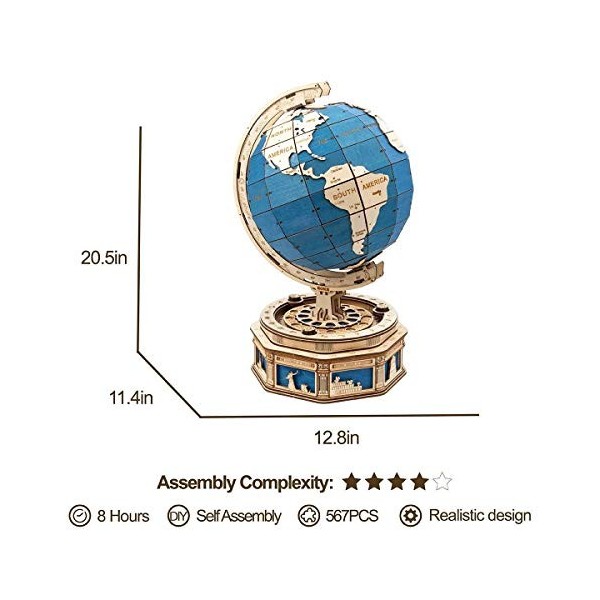 Globe terrestre rotatif surdimensionné - Puzzle 3D Mécanique en bois Rokr