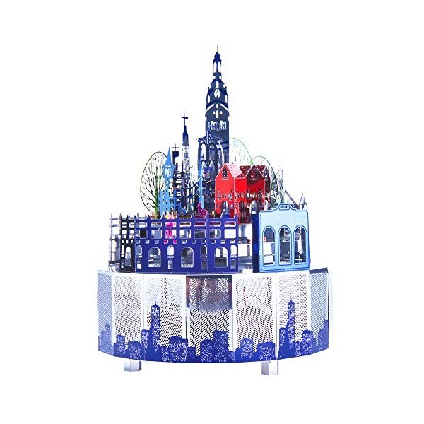 Microworld Casse-tête en métal 3D, château rotatif, boîte à musique avec lumières LED colorées, puzzle 3D découpé au laser, c