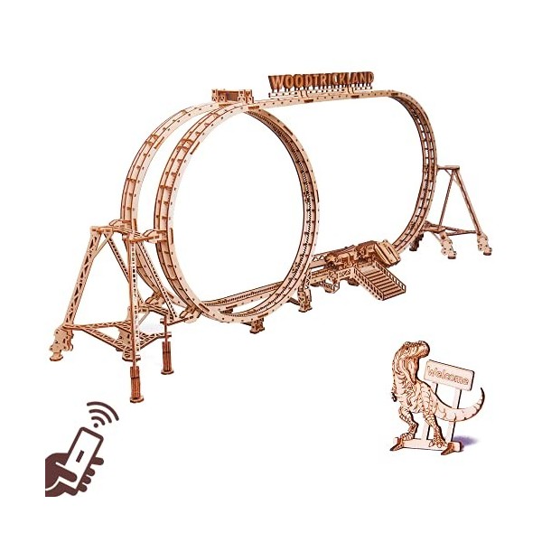 Wood Trick Roller Coaster 3D Wooden Puzzles for Adults and Kids to Build - Remote Control - 38 x 16.5 in - Dinosaurs Theme - 