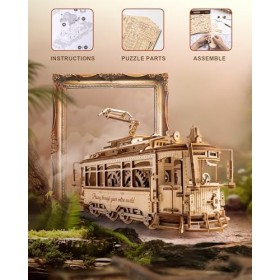 ROKR Casse-tête 3D en bois modèle de voiture pour adultes à construire – Jeu de tramway en bois avec chemin de fer – Puzzles 