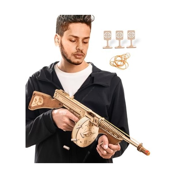 ROKR Puzzles 3D en bois pour adultes - Jouet en caoutchouc Tommy Gun - Kits à construire pour adultes - Casse-tête en bois po