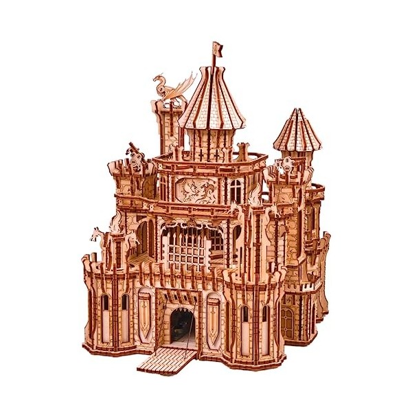 Wood Trick Dragon Castle Puzzles 3D Mobiles en Bois pour Adultes et Enfants à Construire - LED Rouge - Greensleeves Melody - 