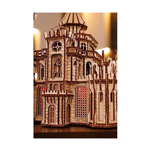 Wood Trick Dragon Castle Puzzles 3D Mobiles en Bois pour Adultes et Enfants à Construire - LED Rouge - Greensleeves Melody - 