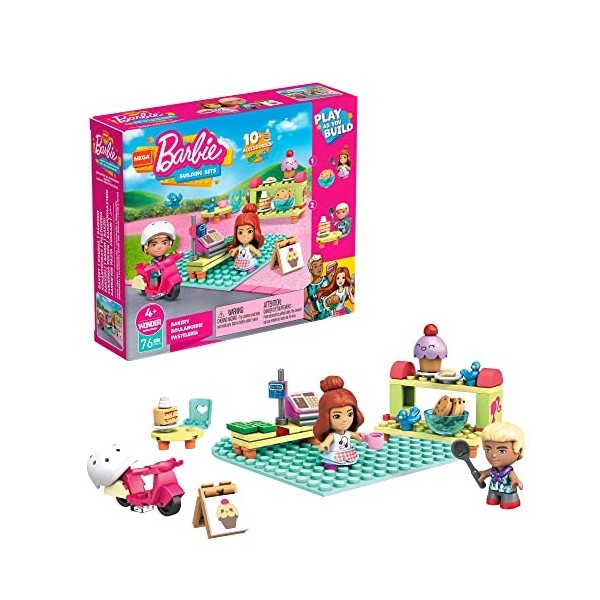 Mega Stationers Construx Barbie Coffret Boulangerie avec 2 Mini-Figurines, Jeu de Briques de Construction, 76 pièces, pour En