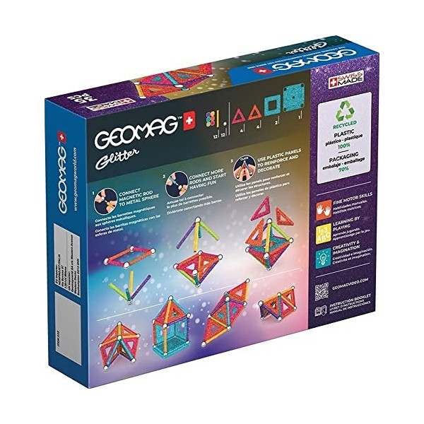 Geomag, Glitter Recycled, Constructions Magnétiques Pailletées, Barrettes Magnétiques Pailletées et Colorées, Pack de 35 Pièc