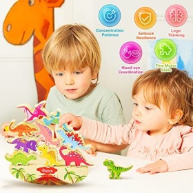 Japace Jeux Déquilibre en Bois, Dinosaure Jouet À Empiler pour Enfants Blocs de Construction Dempilage Jeux Montessori pour