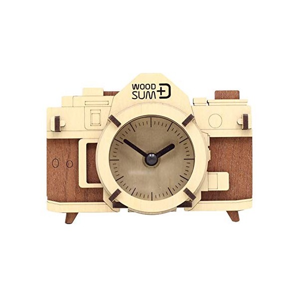 WOOD SUM Horloge en bois entièrement fonctionnelle en forme de caméra puzzle 3D rouge DIY Kit pour adulte