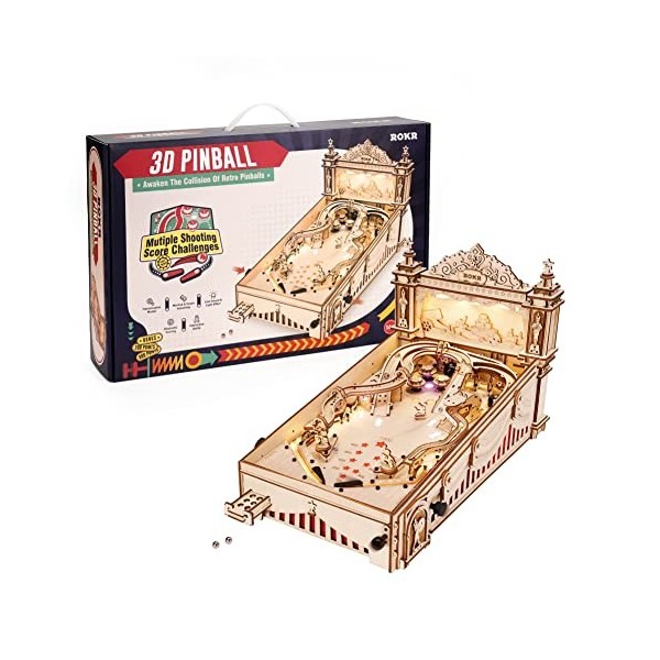 ROKR 3D Pinball Machine Puzzles 3D Kits de Modèles en Bois pour Adultes à Construire Marble Run Arcade Pinball Jeu Classique 