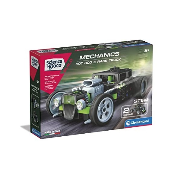 Clementoni - Science Build-Hot Rod Et Race Truck-Set Constructions Enfants, Atelier Mécanique, Jeu Scientifique 8 Ans Versio