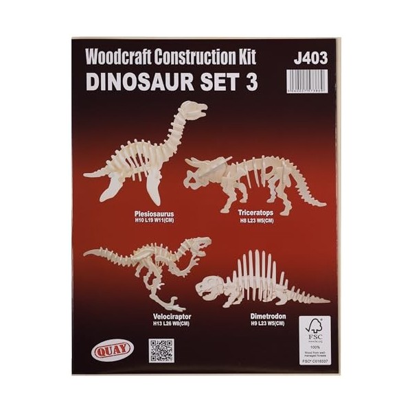 Quay- Kit de Construction en Bois 3 Dinosaures FSC, J403, Marron