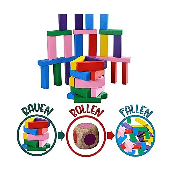 Lot de 48 blocs de construction en bois - Tour vacillante multicolore, empilable - Jeu de société, éducatif, classique - Pour