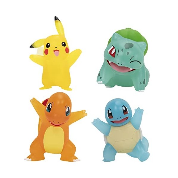 Pokemon PKW2798 Battle Lot de 4 Figurines translucides avec Pikachu, Charmander, Bulbasaur, écureuil, détails Authentiques, A