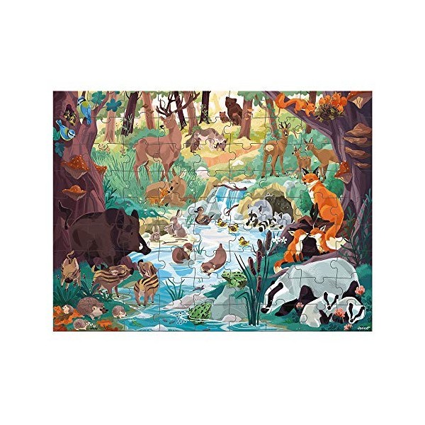 Janod - Puzzle Cherche et Trouve les Empreintes - Puzzle Carton Animaux de la Forêt - 81 Pièces et 15 Jetons Recto/Verso - En