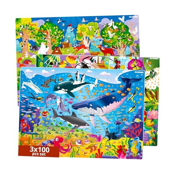 Grand Puzzle 100 Pieces Enfant 4 5 6 Ans - Lot de 3 Jigsaw Puzzle de Sol par Quokka - Océan Insectes Animaux de la Forêt Jeux