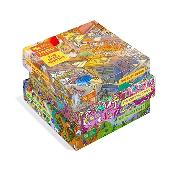 Magic Puzzles Lot de 3 • Série 2 • Le Bistro occupé, les grottes de cristal et la fête de la forêt • Puzzles de 1000 pièces d