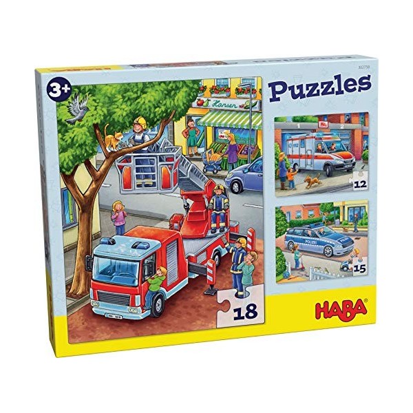 HABA Police Pompiers-18-15-12 pièces-3 Motifs-Jeu dassemblage-Puzzle pour Enfant-3 Ans, 302759