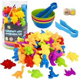 NINGESHOP Jeux Montessori 2 3 4 5 Ans, 48 pièces Dinosaure avec Tasses et Pinces, Jouet pour Comptage et Tri, Apprendre Les C