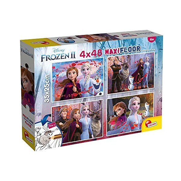 Lisciani - Puzzle Disney 2 en 1 - La Reine des Neiges - 4 Puzzles Frozen de 48 Pièces - Double Face avec Verso à Colorier - F