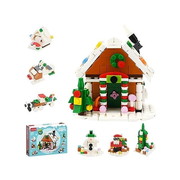 Blocs de maison de Noël, Jeu de construction de la maison de Noël, Le train père Noël Bonhomme de neige Sapin de Noël Décorat