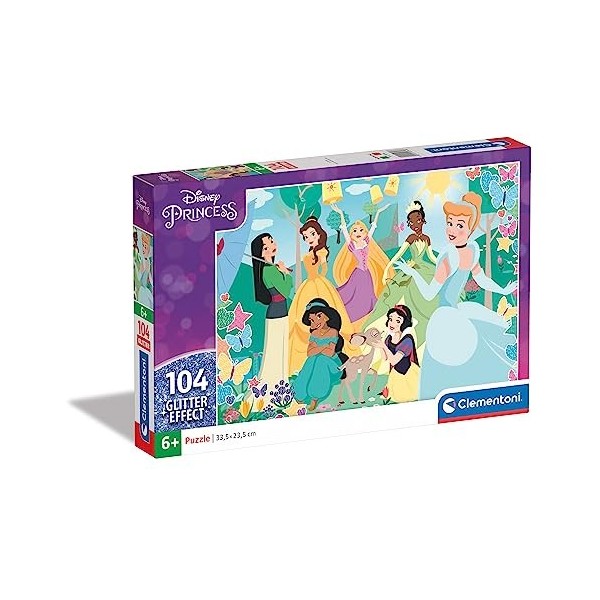 Clementoni- Disney Princess Supercolor Glitter Princess-104 pièces, 6 Ans Enfant Dessin animé, Puzzle Princesse-fabriqué en I