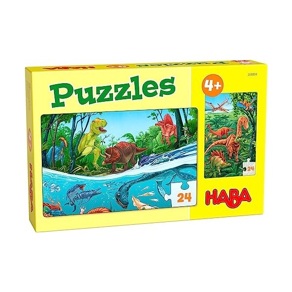 HABA - Puzzles Dinos - Puzzle Enfant - 2 Motifs Dinosaures - 2 x 24 pièces - 4 Ans et Plus - 306804