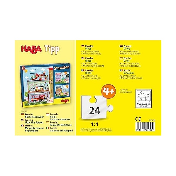 HABA - Puzzles Dinos - Puzzle Enfant - 2 Motifs Dinosaures - 2 x 24 pièces - 4 Ans et Plus - 306804