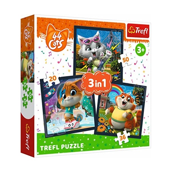 Tréfl - 44 Cats, Rencontrez des Chatons Mignons - Puzzle 3en1, 3 Puzzles, 20 à 50 éléments - Puzzles avec Personnages de Cont