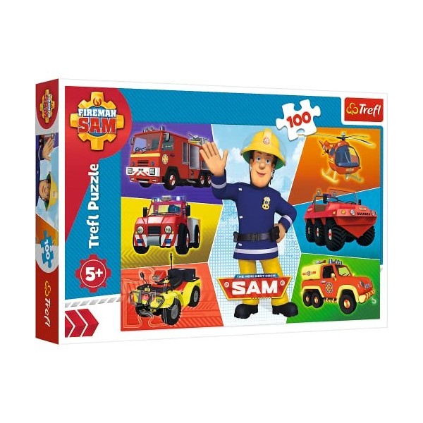 Trefl- Fahrzeuge des Feuerwehrmanns, Fireman 100 Pièces pour Enfants à partir de 5 Ans Puzzle, TR16354, Véhicules de Sam Le P
