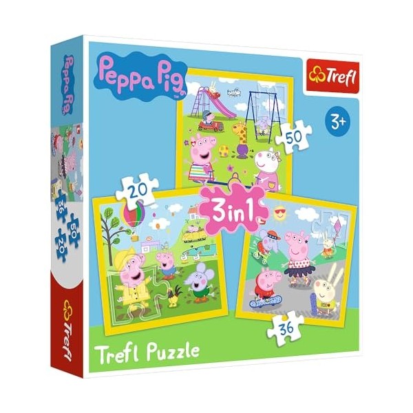 Trefl- Peppa Pig de 20 à 50 Pièces 3 Sets pour Enfants à partir de 3 Ans Puzzle, TR34849, Joyeux Jour de Peppa Peppa Pig