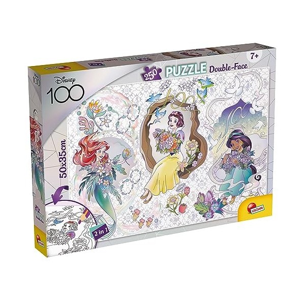 Lisciani - Puzzle Disney 100 DF Plus - 250 Pièces - Princesses - Double Face - 2 en 1 - Puzzle et Coloriage - 50 x 35 Cm - Po