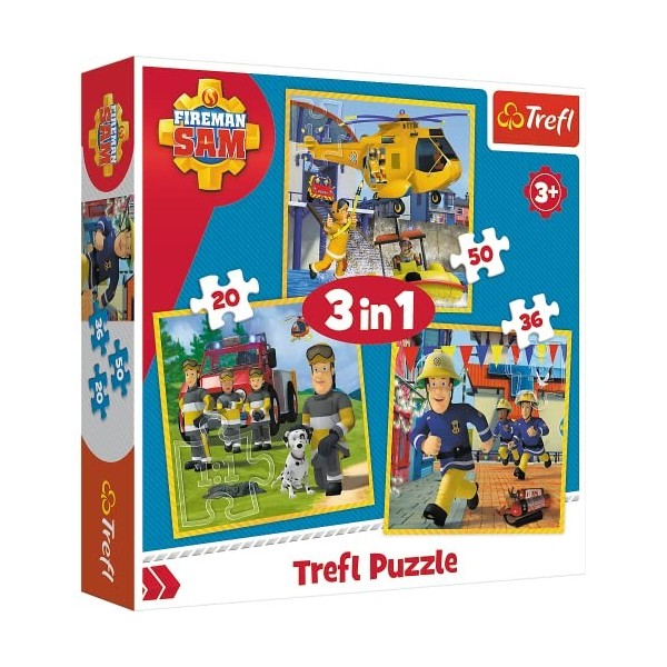 Trefl- Feuerwehrmann in Aktion, Fireman 20 à 50 Pièces 3 Sets pour Enfants à partir de 3 Ans Puzzle, TR34844, Sam Le Pompier 