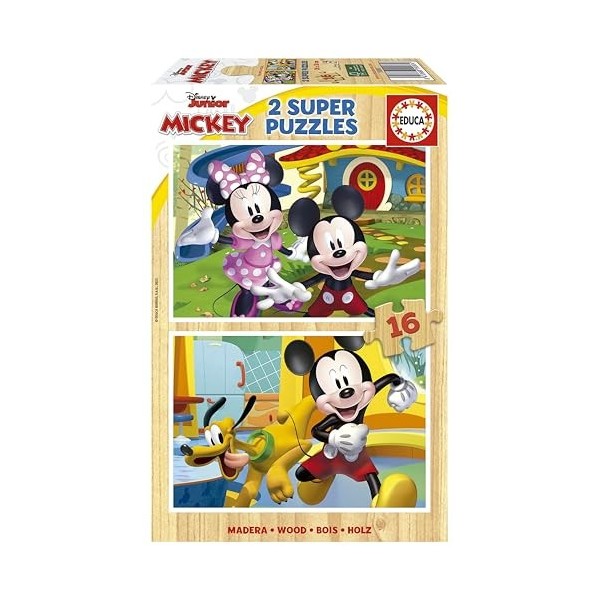 Educa - 2x16 Mickey & Minnie, 2 Puzzles de Bois écologiques résistants avec 16 pièces chacune, Double Amusement de départ, Me