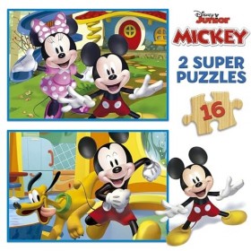 Educa - 2x16 Mickey & Minnie, 2 Puzzles de Bois écologiques résistants avec 16 pièces chacune, Double Amusement de départ, Me
