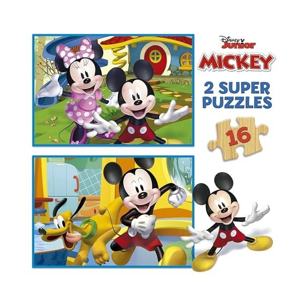 Educa - 2x16 Mickey & Minnie, 2 Puzzles de Bois écologiques résistants avec 16 pièces chacune, Double Amusement de départ, Me