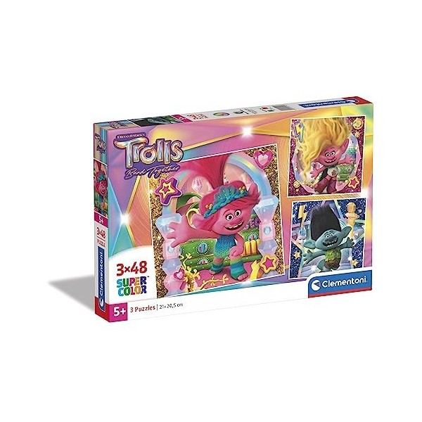 Clementoni - 25292 - Puzzles Trolls 3 - 3x48 Pièces - Jeu Educatif, de Réflexion et de Patience - Image de Qualité - 27 x 18 