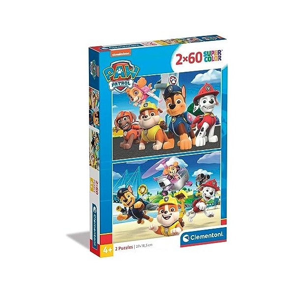 Clementoni- Paw Patrol Supercolor PatPatrouille-2x60 Enfants 4 Ans, Boîte De 2 60 Pièces , Puzzle Dessin Animé-Fabriqué en 