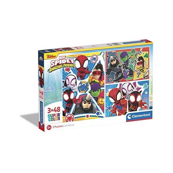 Clementoni- Marvel Spidey & His Amazing Friends Supercolor Friends-3x48 Enfants 5 Ans, Boîte De 3 48 Pièces , Puzzle Dessin 