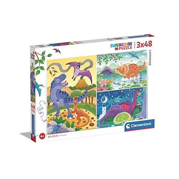 Clementoni- Supercolor Puzzle-Dinosaurs-3x48 Enfants 5 Ans, Boîte De 3 48 Pièces , Puzzle Dessin Animé-Fabriqué en Italie, 2