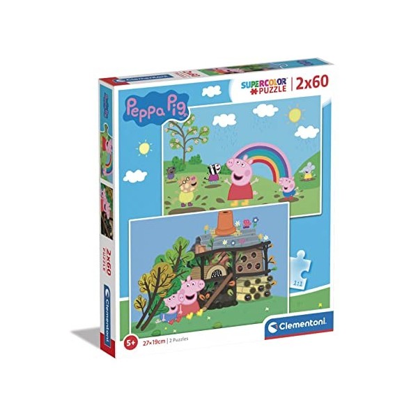 Clementoni- Peppa Pig Supercolor Pig-2x60 Enfants 4 Ans, Boîte De 2 60 Pièces , Puzzle Dessin Animé-Fabriqué en Italie, 2162