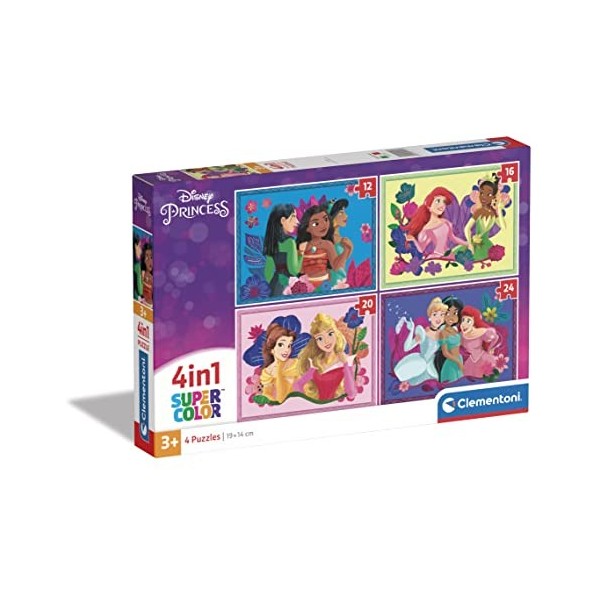 Clementoni Supercolor 4 in 1-Disney Princess Progressifs 12, 16, 20, 24 Pièces , Enfants 3 Ans, Puzzle Dessin Animé-Fabriqué